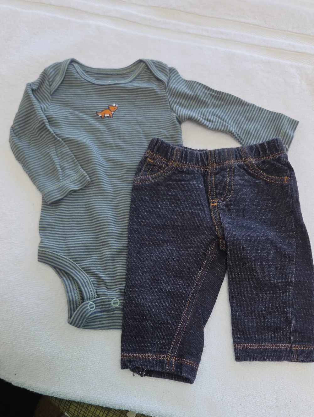 Carter's Striped Green Fox Bodysuit with Navy Pants Sz 3m